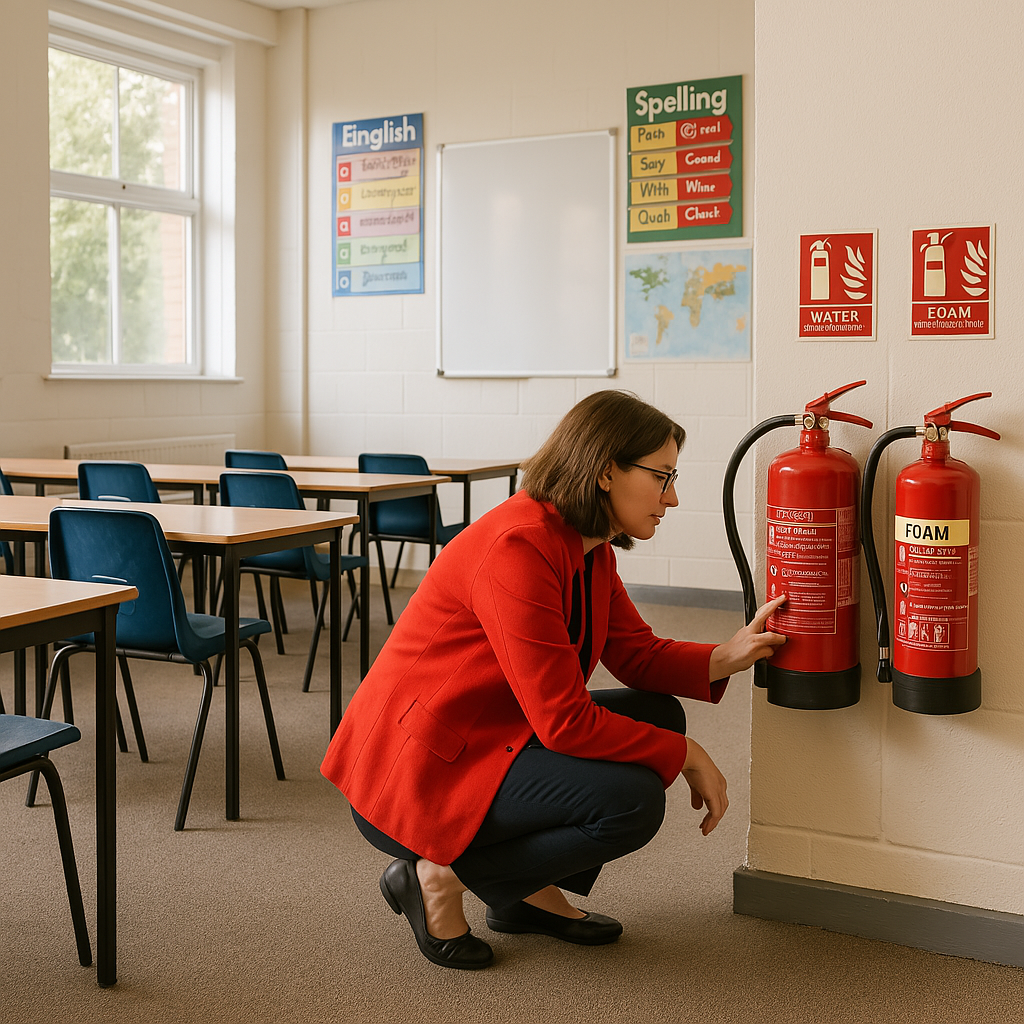 female teacher checking her classroom's fire extinguishers school teacher undertaking classroom health and safety inspection